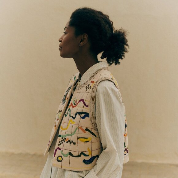 Toast Jackets & Blazers - Toast Hand Embroidered Abstract Gilet Vest Womens Size XL Artisan Cotton Muslin